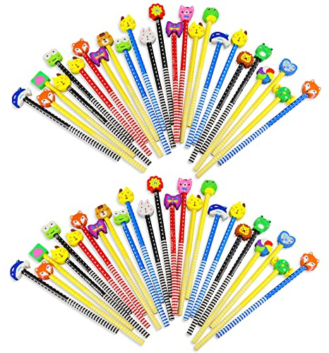 Etmact 50 Pack Cartoon Animal Pencil With Erasers Toppers,Number 2 Fun Pencils For Kids,Bulk Party Favor Supplies for Classroom Novelty Design Birthday Gift (Multicolor)
