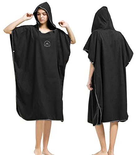 Hiturbo mikrofiber surfponcho, våtdräkt ombytesbadrock, snabbtorkande pool simning strandhandduk med huva (svart)