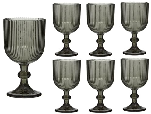 Dibor Set of 6 Wine Glasses Grey Embossed 360ml Ribbed Mid-Century Style Wine Goblets Alfresco Dining Glassware (DK48)