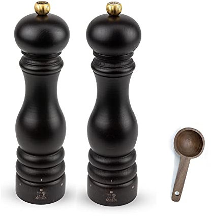 Peugeot Paris u'Select 6 Setting Manual beechwood Salt & Pepper Mill Set With Wooden Spice Scoop Made In France (Chocolate, 9- Inch)