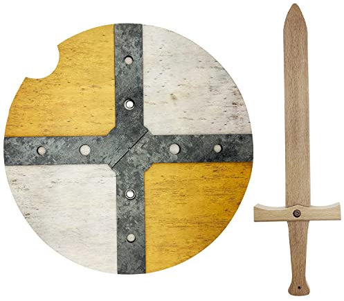 Bouclier et Épée Médiévale en Bois - Jouets pour Garçons et Filles - Accessoires de Jeu, Jouets pour Enfants, Costumes Médiévaux, Viking, Chevaliers, Thor, Ragnarok, Déguisement (Jaune)