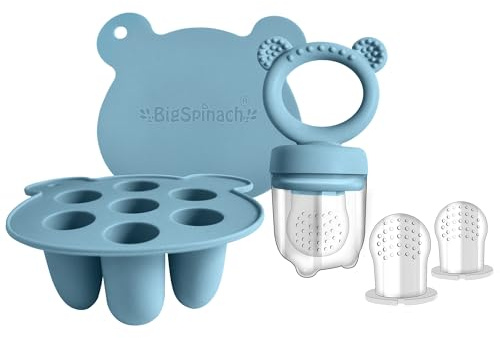 BIGSPINACH Baby Food Feeder Pacifier with Breast Milk Popsicle Teether-Silicone Forage Feeder for Babies-Breastmilk Storage Container and Freezer Tray-Teething Popsicle Molds for Soothing Relief