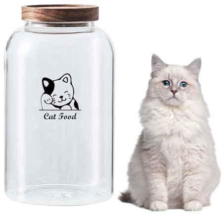 Ctomche Cat Food Container,Airtight Pet Food Storage Jar,Glass Cat Food Containers for Dry Food,3.5L Biscuit Jar with Wooden Lid Clear Pet Food Storage Container Cat Treat Canister and Storage Tin