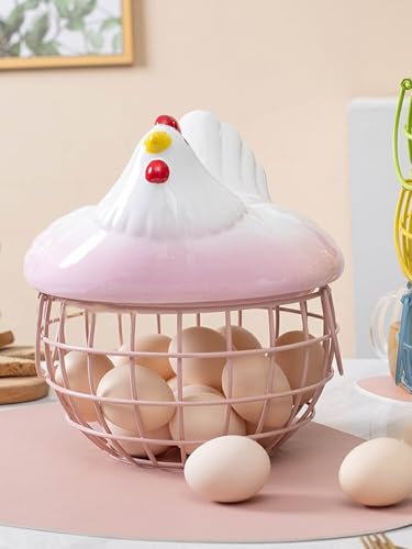 Cesta para Huevos de Gallina, Cestas de Alambre para Recolección de Huevos con Tapa de Cerámica para Recolectar Huevos Frescos, Tapa de Cerámica en Forma de Pollo con Base de Cesta de Alambre(rosa)