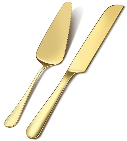 Crrynuo Wedding Cake Knife and Server Set,2 Pcs Titanium Plating Stainless Steel for Wedding Perfect for Wedding, Birthday,Anniversary,Party,Dishwasher Safe(Gold)
