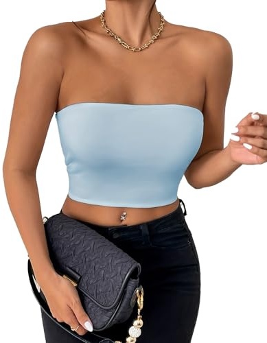 Kxydlww Crop Toppar Dam Tube Bodycon Tajt Stretchy Stretchy Andningsbar Crop Top Tube Toppar Sexig Bygellös Sömlös Topp Y2K T-Shirts, Blå, S