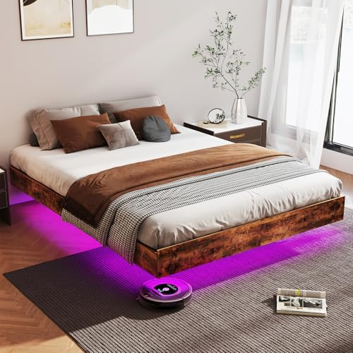 Floating Bed Frame Full with LED Lights, Metal Platform Full size Floating Bed Frame with Under Bed Storage, Heavy Duty Steel Slats Support, No Box Spring Needed, Noise Free, Easy Assembly, Brown
