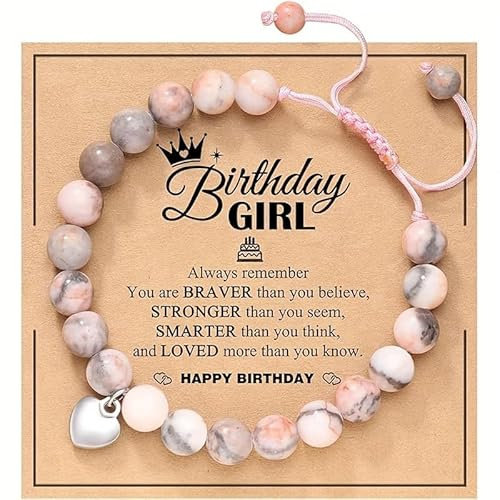 yuandnn Natural Stone Healing Crystal Bracelets, Adjustable Stretch Pink Zebra Bracelet Crystal Jewelry Yoga Meditation Relax Gifts Friendship Birthday with Encourage Quote Card for Girls & Women