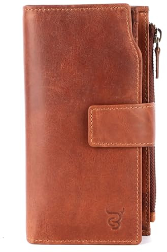 COWBURRY Damen Geldbörse Echtes Leder | Hochwertige Vintage Geldbörse mit Reißverschluss | Weiches Material und XXL-Größe | Geldbörsen | Portfolio | Cow Burry CB-25 Brown