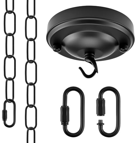 6 Feet Industrial Black Light Fixture Chain Kit with Ceiling Hook, Metal Lamp Pendant Chandelier Hanging Chain Extension with Detachable Link, Connection Locks for Lights, Plant/Flower/Fruit Basket