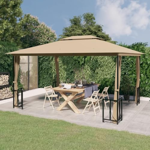 HETFTJN Gartenpavillon 3x4m Taupe mit Doppeldach, Seitenwänden, windstabilem Stahl & robustem Polyester für Garten Terrasse Camping