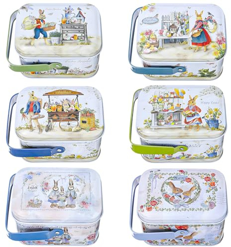 QIANAI Set de 6 contenedores para galletas de Pascua con tapa, para huevos de Pascua, de metal, con asa, para huevos de Pascua, de metal, para galletas