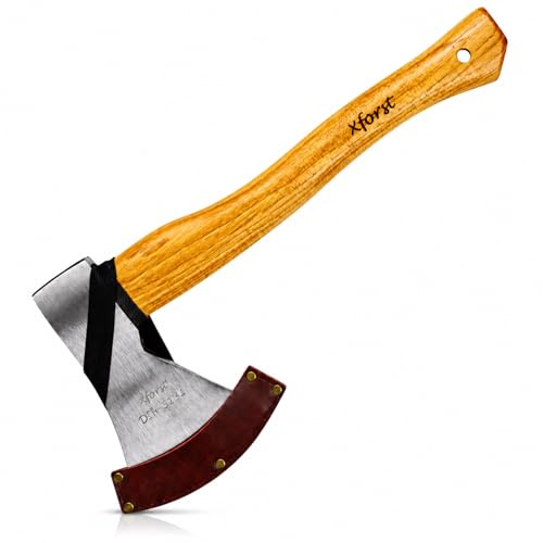 Xforst Hacha de Mano Pequeña para Leña, Camping y Jardín, Acero al Carbono con Mango de Madera de Fresno, Cabeza 600 g, 40 cm, Conforme a DIN 5131, con Funda Protectora, Hacha Vikinga X-UW600C