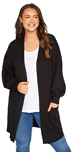 Yours Curve Puff Long Sleeve Soft Fine Knit Longline Open Front Cardigan with Pockets - Women's - Plus Size Curve Black 34-36