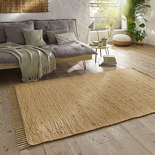 Taracarpet Handwebteppich Läufer Fleckerl Teppich Uni waschbar aus Baumwolle für Wohnzimmer und Küchenteppich 090x160 cm beige
