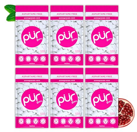 PUR Gum | Sugar Free Chewing Gum | Made with Xylitol | Vegan, Aspartame Free, Gluten Free and Keto Friendly | Natural Pomegranate Mint Flavoured Gum, 55 Pieces (Pack of 6)