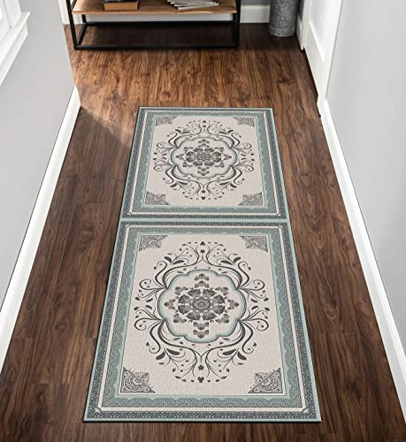 QQrunner Teppich Läufer Meterware 120x180cm Vintage Boho Küchenteppich Waschbar rutschfest Grau Grün Lang Teppichläufer Schlafzimmer Korridor 40-120cm Breit, Anpassbare Größe