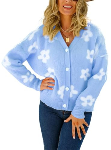 HEYPORK Damen Herbst Winter Warm Bequem Jacke Casual Mode übergangsjacke Mantel Frauen Herbst/Winter Strickjacke mit Blumen Kaschmirjacke(Blau, S)