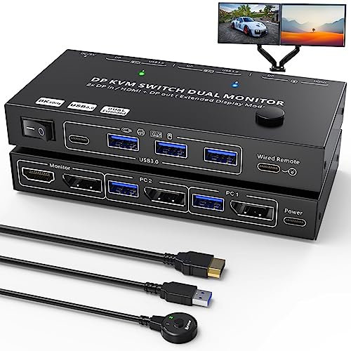 USB 3.0 Displayport KVM Switch 2 Computers 2 Monitors 8K@30hz 4K@144Hz, MST Dual Monitor KVM Switch, DP in, DP+HDMI Out With 4 USB 3.0 Ports, Wired Remote and Displayport 1.4 Cables Included