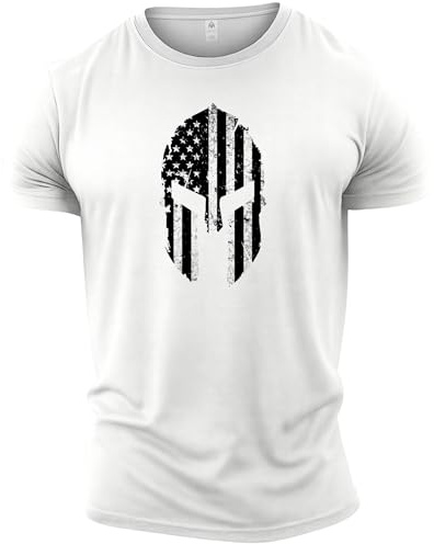 GYMTIER Spartan Helmet USA Flag Men's Gym T-Shirt Bodybuilding Training Workout Lifting Top Clothing, White, XXL