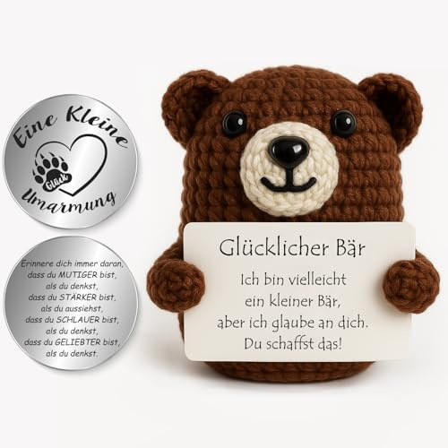 Tixlux Pocket Hug Glücklicher Bär, Kreative Strickwolle Bär Figur und Kleine Umarmung Glücksbringer (Grau), MutmacherGeschenk, Gute Besserung Geschenk, Einschulung Geschenk