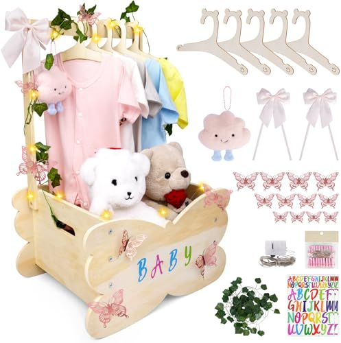 FVNPIHAM Baby Shower Basket, Wooden Baby Shower Crate Closet with Handle, Large Capacity Baby Closet Personalized Baby Gifts Basket for Newborn Girls, Pregnancy Gifts for New Parent