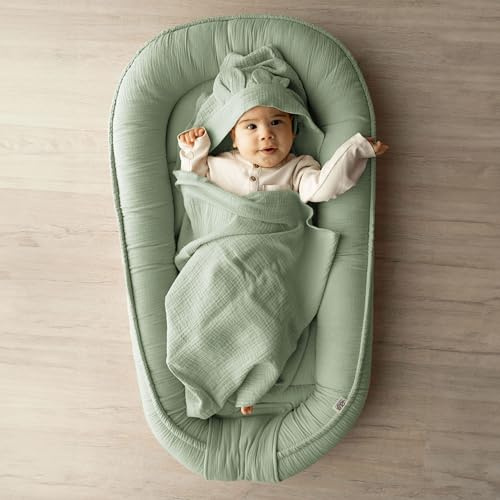 PaLulli Nido per bambini in 100% mussola di cotone di alta qualità, 100 x 60 cm, con chiusura in velcro, paracolpi per lettino e neonati (salvia)