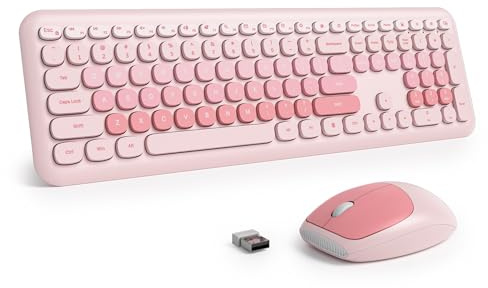 SOLIDEE Combo de Teclado y Ratón Inalámbrico Colorido,Teclado Retro 2.4GHz de Máquina de Escribir,104 Teclas con Teclado Numérico,Teclado de Membrana Silenciosa(Americano QWERTY)(Diary Pink)