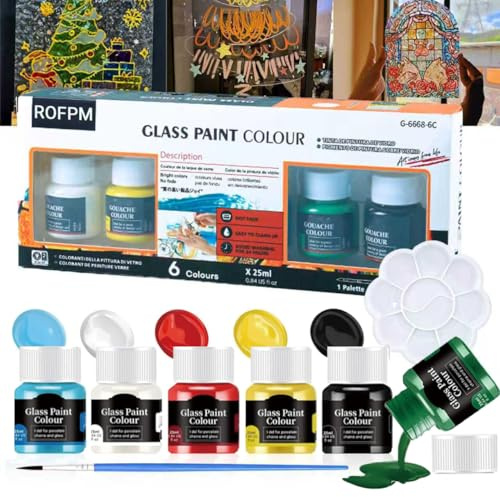 ROFPM Glass Painting Kit, DIY Creative Window Colors, Multi-Surface Paint Set 6 Washable Paints for Wine Glasses, Rocks, More