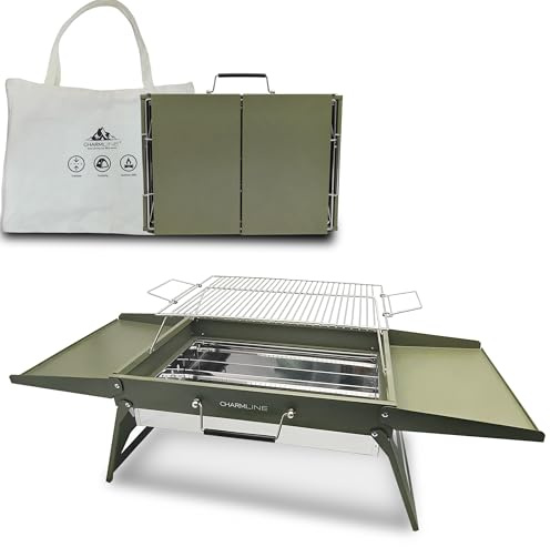Charmline 47 x 34 cm Large Foldable Portable Charcoal BBQ Grill, Camping BBQ Grill for 3–5 People, Ideal for Camping, Garden, Beach, Picnic & Tabletop Use, Green