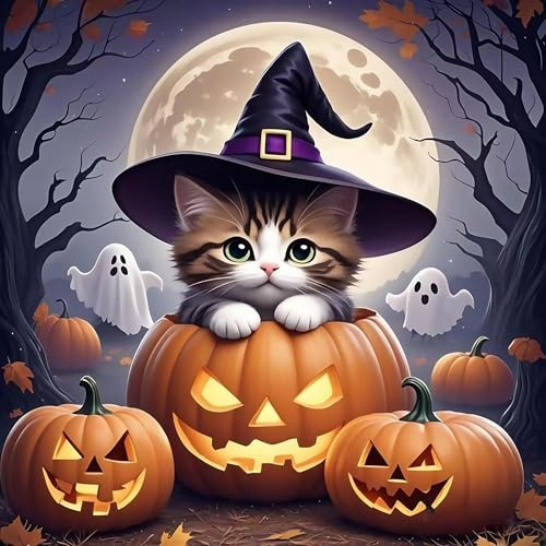 Diamond Painting Halloween 5D, Kit Completo Pittura a Diamante Fai da Te con Gatto con Cappello da Strega e Zucche, Decorazione Artistica per Adulti e Principianti, Diamond Painting Autunnale, 30x30cm