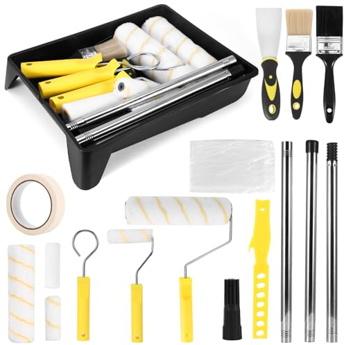Juego de rodillos de pintura, juego de 14 bandejas, rodillo de pintura de 9 pulgadas con bandeja de extensión de barra, funda de pincel, raspador, soporte de lavado, juego de superficies de