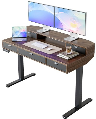 HUANUO Bureau Assis Debout Tiroirs 120 x 60 cm Réglable Hauteur | Compatible Support à Pince en C, 4 Réglages en Hauteur Mémorisables