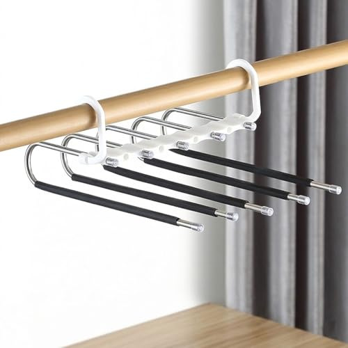 Perchas para Pantalones 5 en 1, Percha Metálica de Acero Inoxidable Antideslizante, Plegable y Ahorra Espacio, Organizador para Jeans, Faldas y Ropa, Color Negro