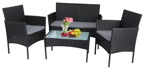 Panana Rattan Garden Furniture Set, 4 Piece Chair Sofa Set with Tempered Glass Table, Cushions Patio Balcony Outdoor Conservatory Indoor