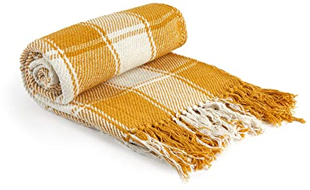 Emma Barclay Frisco - Recycled Cotton Traditional Check Chair Sofa Setee Throw Over Blanket in Ochre Yellow - 50x60 (127x152cm)