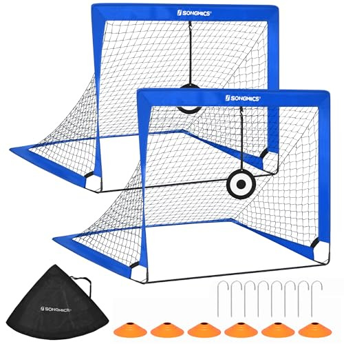 SONGMICS Football Goal Set of 2, Portable Football Nets with Targets and Training Cones, Blue SZQ422Q01