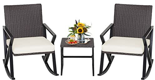 SFAREST 3PCS Garden Bistro Set, Rattan Rocking Chairs Set with Coffee Table and Cushions, 2 Seaters Outdoor Conversation Rocker Set for Patio, Backyard and Poolside