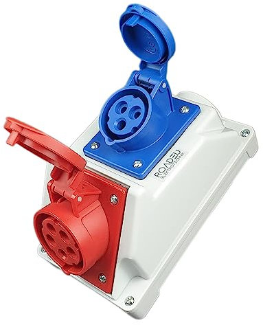RoadEu - Kombi Wandsteckdose - Wandverteiler 16A CEE Steckdose 5P mit CEE 16A Steckdose 3P - Baustromverteiler 16A - PCE Steckdosen - Aufputz Verteilerkasten - Stromverteiler Innen und Außen