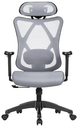 SONGMICS Bürostuhl, ergonomischer Schreibtischstuhl, Computerstuhl, Netzstuhl, verstellbare Lendenstütze und Kopfstütze, bis 150 kg belastbar, höhenverstellbar, Taubengrau OBN063G01