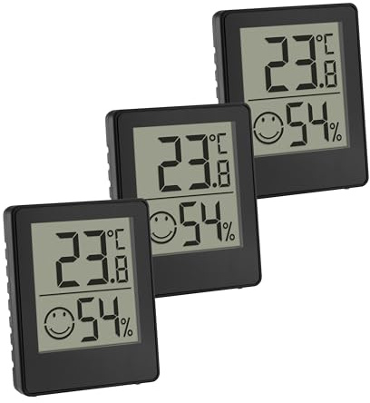 TFA Dostmann Digital Mini Thermal Hygrometer, Set of 3, 30.5039.01.03, Room Thermometer, Temperature and Humidity Meter, Smiley Comfort Zone, Room Climate Control, Battery Operated, Black