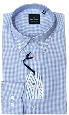 Tina Ferrà Camicia Uomo a Quadretti, Camicia Uomo Elegante Regular Fit, Camicie Quadri Uomo Manica Lunga, Colletto Button Down, 100% Made in Italy (Cielo)