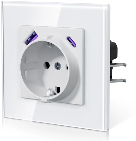 BSEED Steckdose mit USB C 20W, Schnellladen Wandsteckdose mit Krallen, EU-Standard Einbausteckdose Unterputz, Einfach Montage, 16A 250V, NEU E-Serie,1 Fach,86mm Weiß
