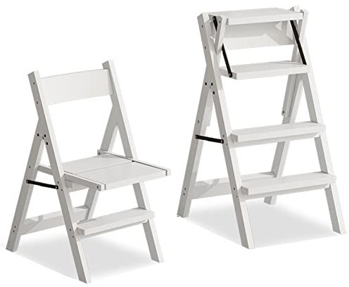 Tabouret d'escalade d'intérieur, escabeau pliant en bois massif, escabeau à double usage, 4 marches, chaise multi-convertible, tabouret d'escalier, maison, cuisine, jardin, bibliothèque/noir (blanc)