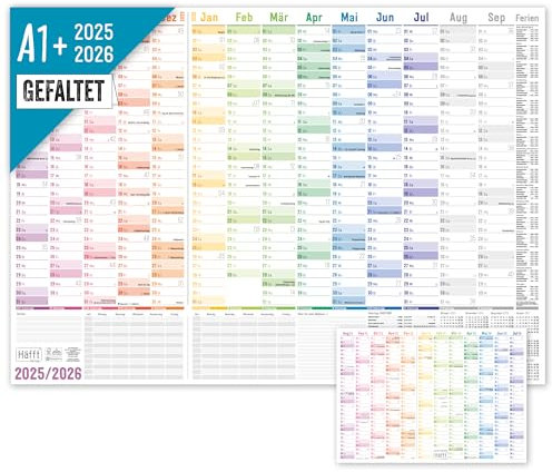Häfft® XXL Wandkalender Schuljahr 2025/2026 A1 + (89 x 63 cm) groß, gefaltet Rainbow Schuljahreskalender, Schuljahresplaner - nachhaltig & klimafreundlich