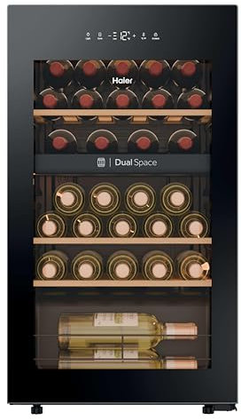 Haier Wine Bank 50 Series 5 HWS32GDG Vinoteca de 32 botellas, 2 Zonas independientes, Estantes de madera, Filtro Anti-UV, Sistema Antivibración, Display Digital, Iluminación LED, 37 dbA, Negra