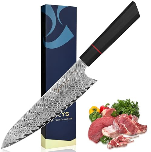 Plys Cuchillo de Cocina de Damasco: Cuchillo de Chef Japonés Con Hoja de 20 Cm, Núcleo Afilado de Acero Vg10, 67 Capas de Acero de Damasco Forjado, Mango Octogonal G10, Con Caja de Regalo