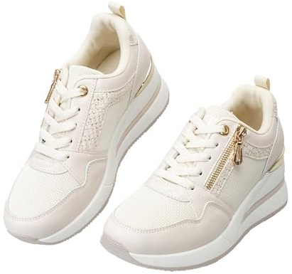 JOMIX Scarpe da Ginnastica Donna con Zeppa Sneakers Casual Comodo con Cerniera Laterale Antiscivolo, WSC260181, Beige, 38 EU