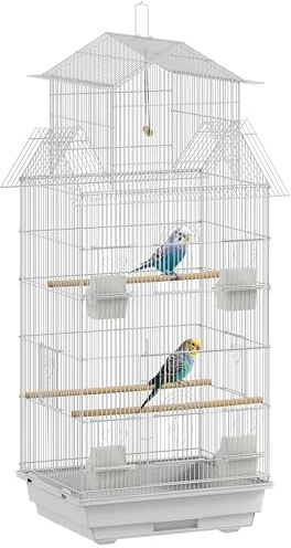 PawHut Jaula para Pájaros de Acero Pajarera con Comederos Perchas Columpio y Bandeja Extraíble Jaula Grande para Loros Canario Periquito 50,5x41x104 cm Blanco