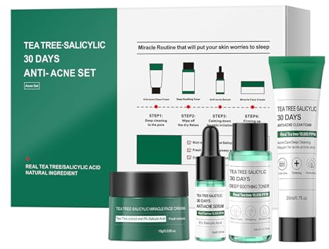 Tea Tree Salicylic Anti-Acne Set, Tea Tree Salicylic Acid Facial Skin Care Set, Acne Treatment Skincare Set, Travel Essentials for Pimple, Include Cleanser, Toner, Serum, Face Cream